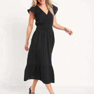 Waist-Defined Flutter-Sleeve Smocked Midi Dress
